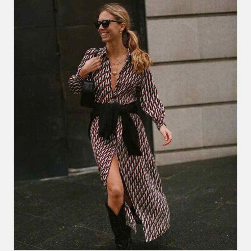 zara geometric printed tie collar shirt dress NWT